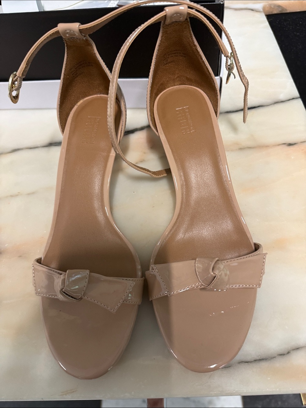 Patent Nude Ankle-Strap Heels with Bow Accent